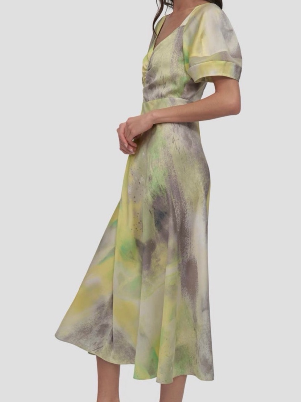 DKNY Printed Satin Midi Dress Watercolor Yellow Green Size Large NEW - Picture 3 of 12